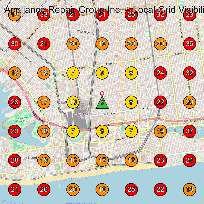 Appliance Repair Group Inc. GeoGrid visibility map for Appliance Repair Service in Brooklyn